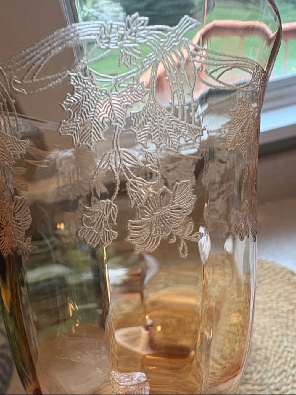 (4) Vintage Amber Etched Wine Glasses - Depression Era